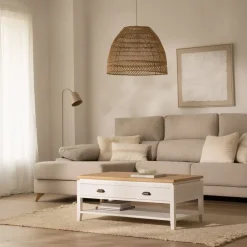 Avelin Table basse relevable en bois blanc et naturel^Banak
