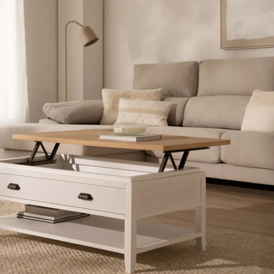 Avelin Table basse relevable en bois blanc et naturel^Banak