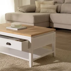 Avelin Table basse relevable en bois blanc et naturel^Banak
