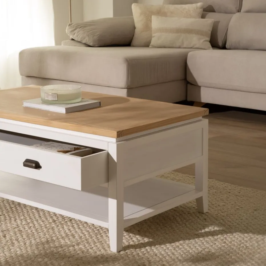 Avelin Table basse relevable en bois blanc et naturel^Banak