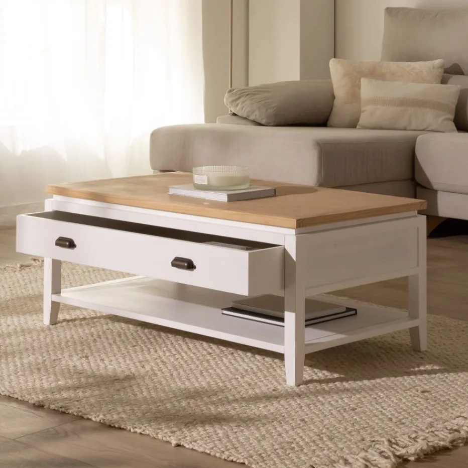 Avelin Table basse relevable en bois blanc et naturel^Banak