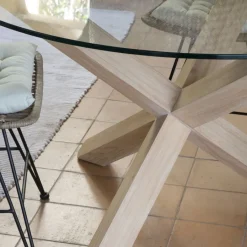 Carot Mesa de comedor de madera maciza natural y cristal redondo de 120 cm^Banak Online