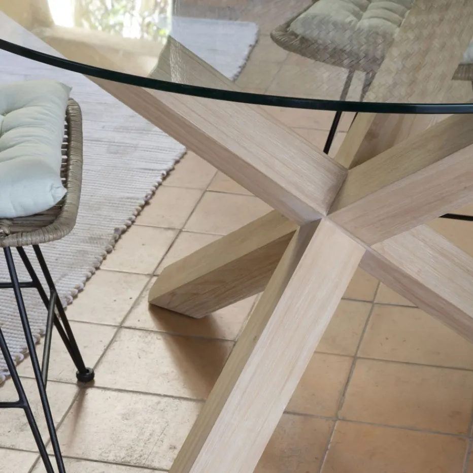 Carot Mesa de comedor de madera maciza natural y cristal redondo de 120 cm^Banak Online