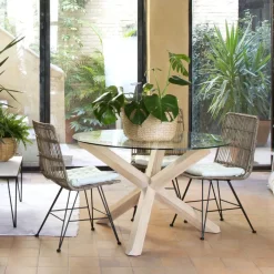 Carot Mesa de comedor de madera maciza natural y cristal redondo de 140 cm^Banak Outlet