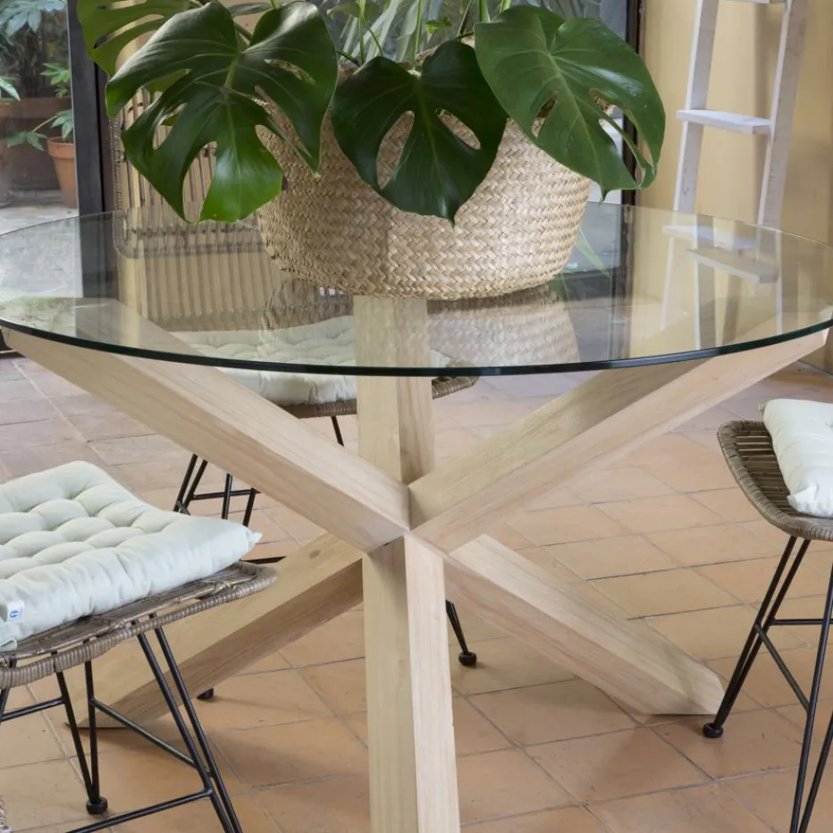 Carot Mesa de comedor de madera maciza natural y cristal redondo de 140 cm^Banak Outlet