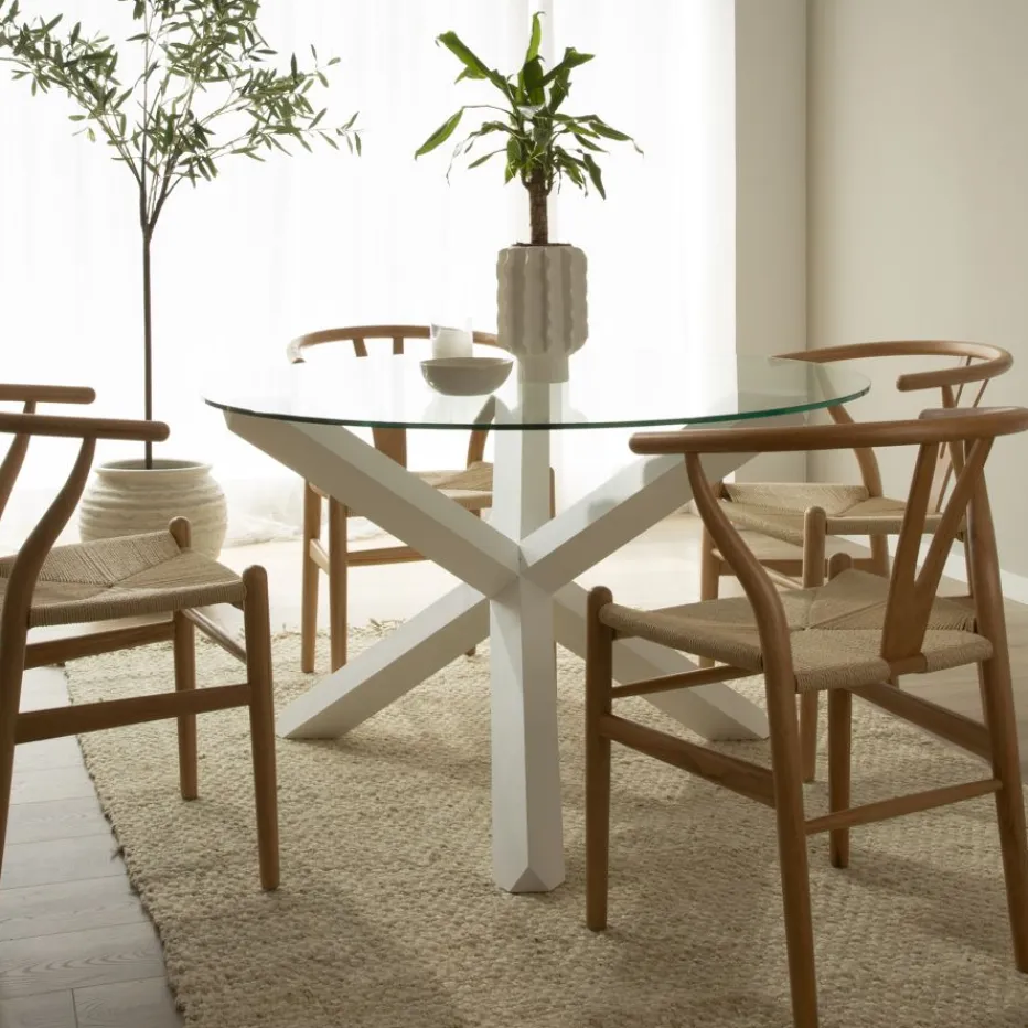 Carot Table à manger en bois massif laqué blanc et verre rond de 120 cm^Banak