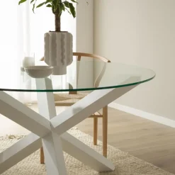 Carot Table &agrave; manger en bois massif laqué blanc et verre rond de 120 cm^Banak