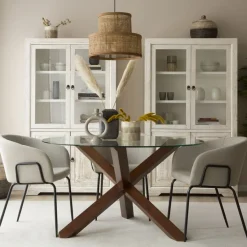 Carot Table à manger en bois massif teck et verre rond de 120 cm^Banak Hot