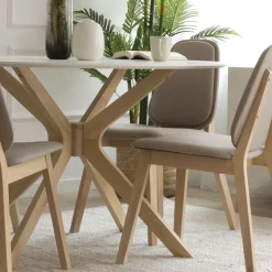 Gales Mesa de comedor redonda de madera color blanco y natural^Banak Best
