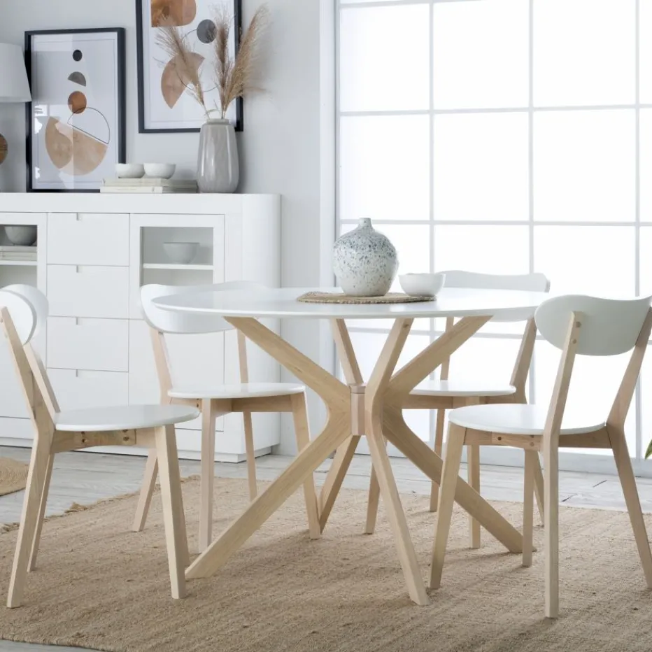 Gales Mesa de comedor redonda de madera color blanco y natural^Banak Best