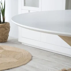 Gales Mesa de comedor redonda de madera color blanco y natural^Banak Best