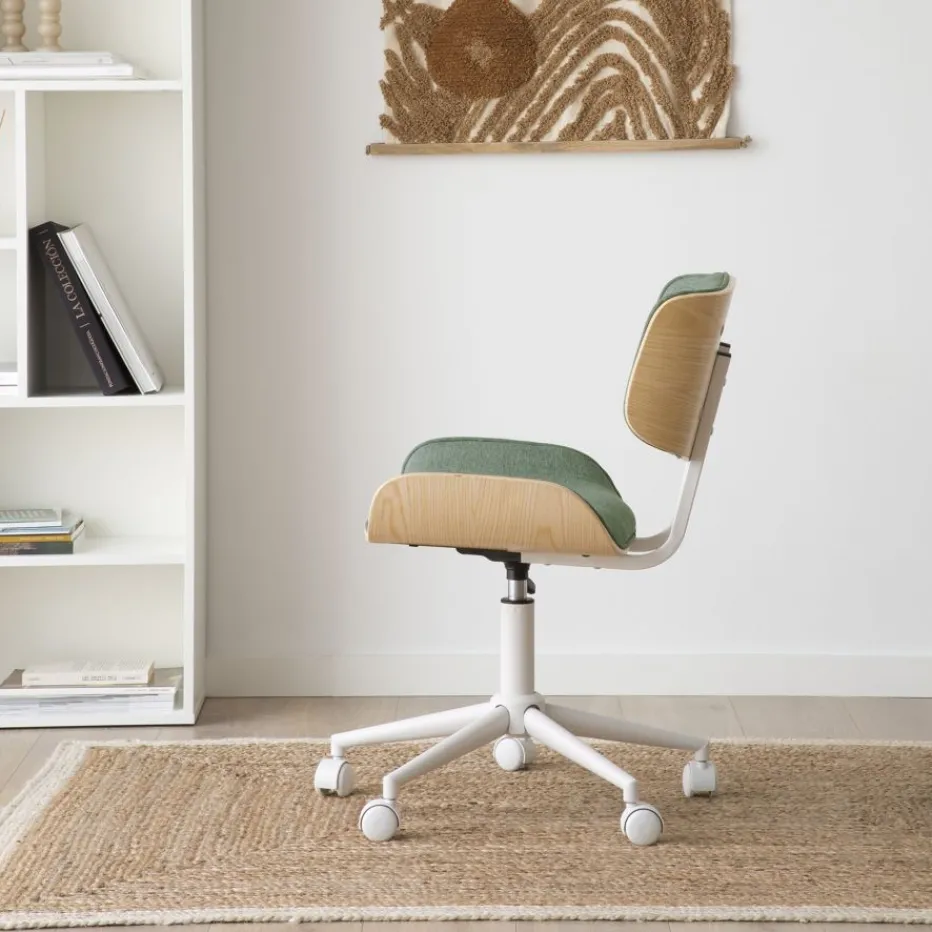 Haru Chaise de bureau rembourrée en vert avec bois et roulettes^Banak Outlet