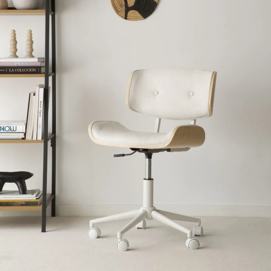 Haru Chaise de bureau rembourrée beige avec bois et roulettes^Banak Outlet
