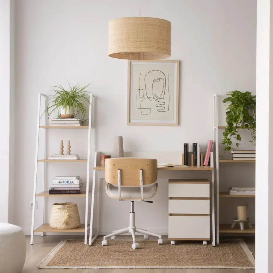 Haru Chaise de bureau rembourrée beige avec bois et roulettes^Banak Outlet