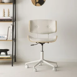 Haru Chaise de bureau rembourrée beige avec bois et roulettes^Banak Outlet