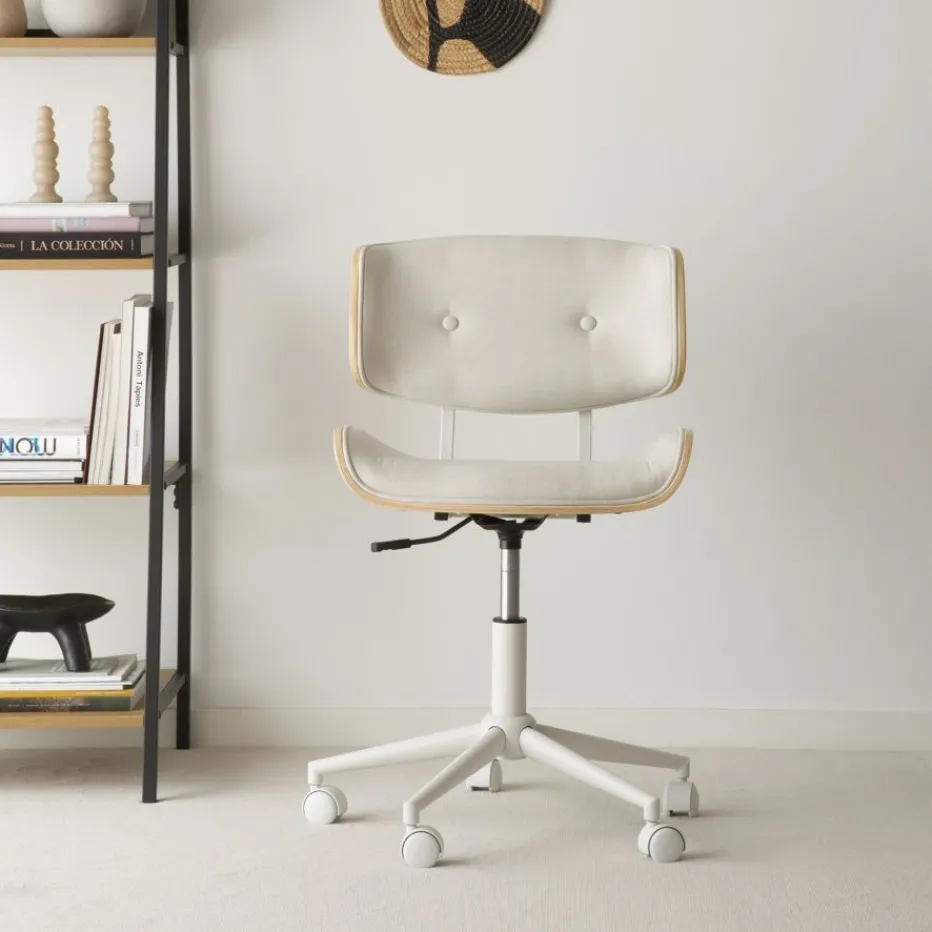 Haru Chaise de bureau rembourrée beige avec bois et roulettes^Banak Outlet