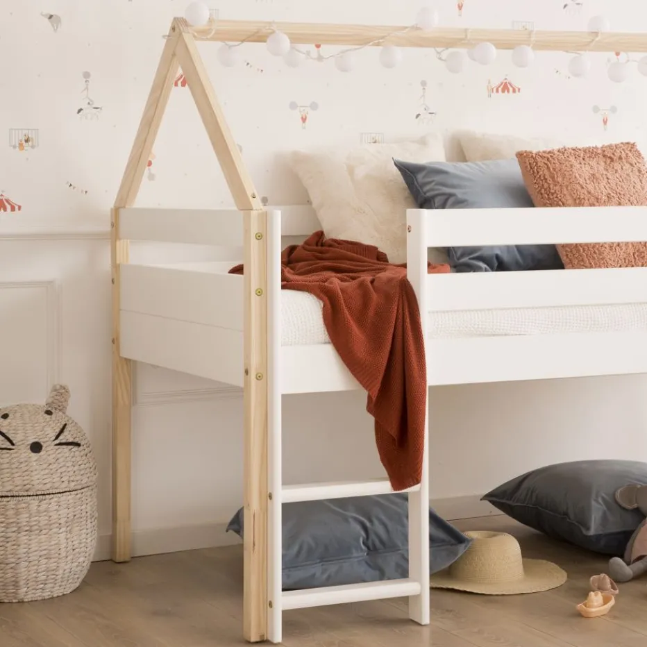 Haus Cama alta con tobogán para colchón de 90x190 lacada en blanco y natural^Banak Sale