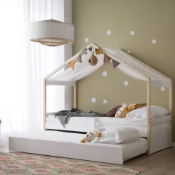 Haus Cama con forma de casa y somier de arrastre para colchón de 90x190 lacada e^Banak Outlet