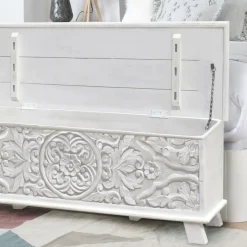 Indira Coffre de rangement en bois massif blanc sculpté de manguier^Banak Online