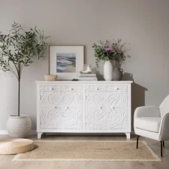 Indira Meuble buffet en bois massif blanc sculpté de manguier^Banak Online