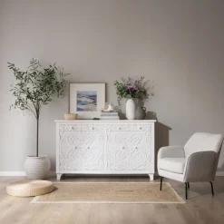 Indira Meuble buffet en bois massif blanc sculpté de manguier^Banak Online