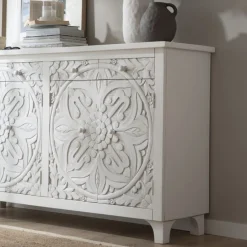 Indira Meuble buffet en bois massif blanc sculpté de manguier^Banak Online