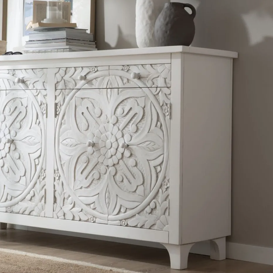 Indira Meuble buffet en bois massif blanc sculpté de manguier^Banak Online