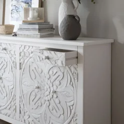 Indira Meuble buffet en bois massif blanc sculpté de manguier^Banak Online