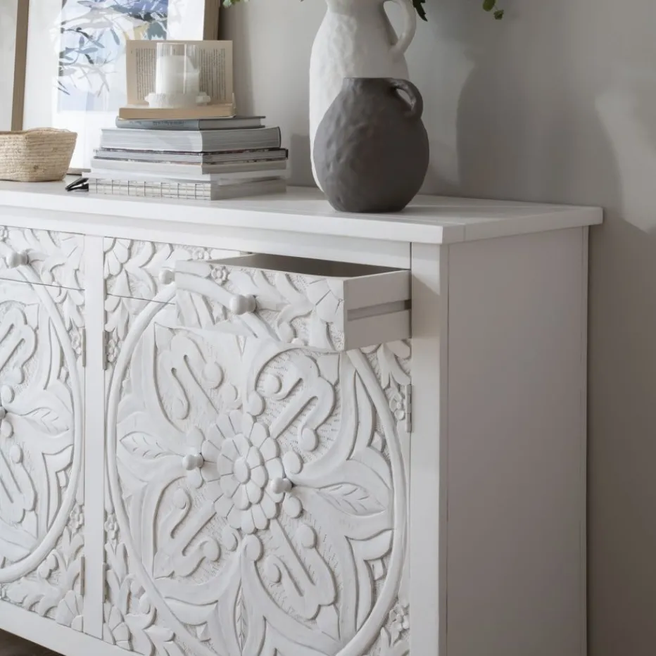 Indira Meuble buffet en bois massif blanc sculpté de manguier^Banak Online