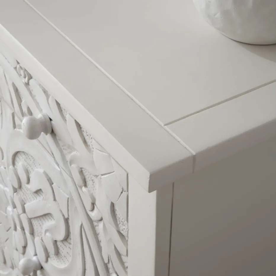 Indira Meuble buffet en bois massif blanc sculpté de manguier^Banak Online