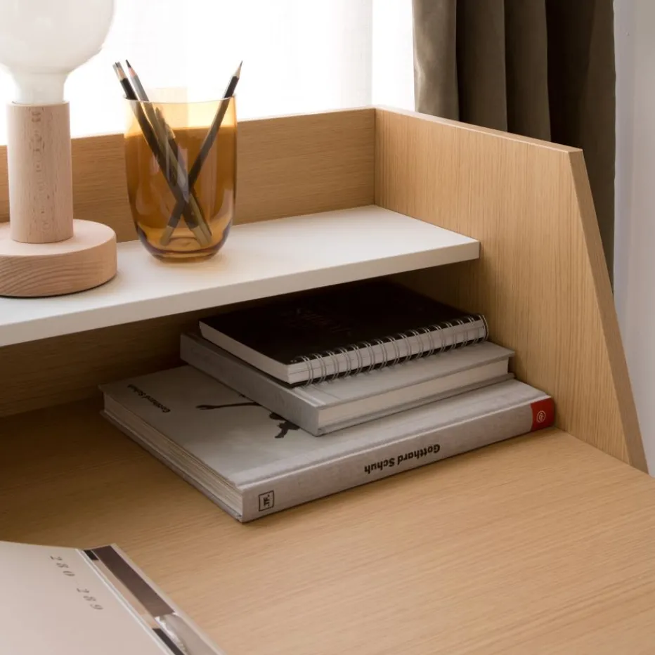 Matisse Bureau en chêne clair et métal blanc avec étagère^Banak Sale