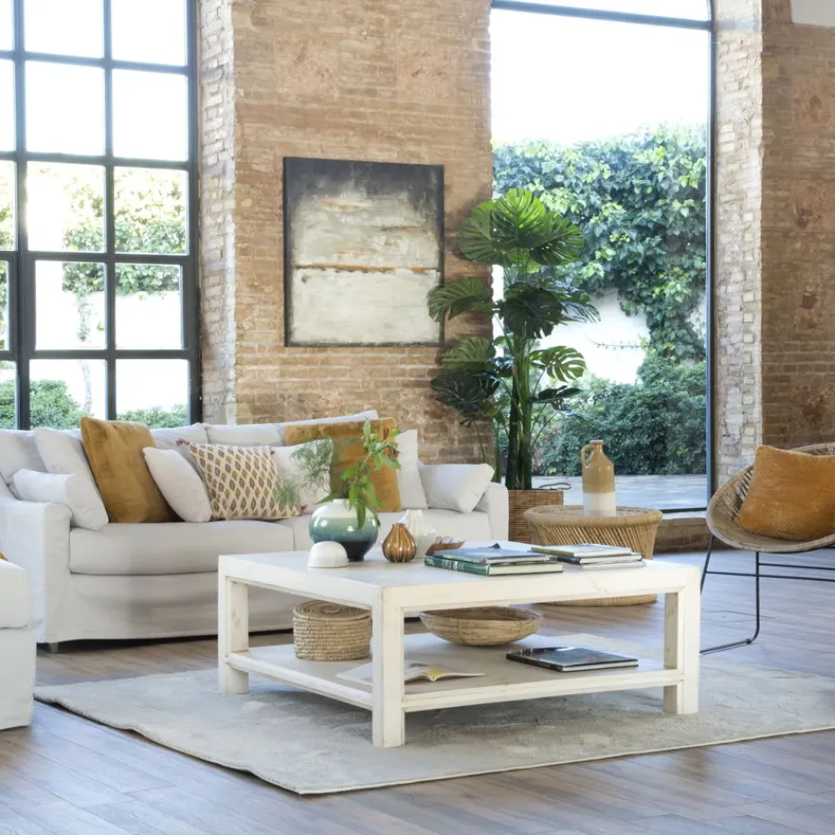 Soho Table basse en bois massif carrée en blanc décapé^Banak Sale