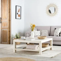 Soho Table basse en bois massif carrée en blanc décapé^Banak Sale