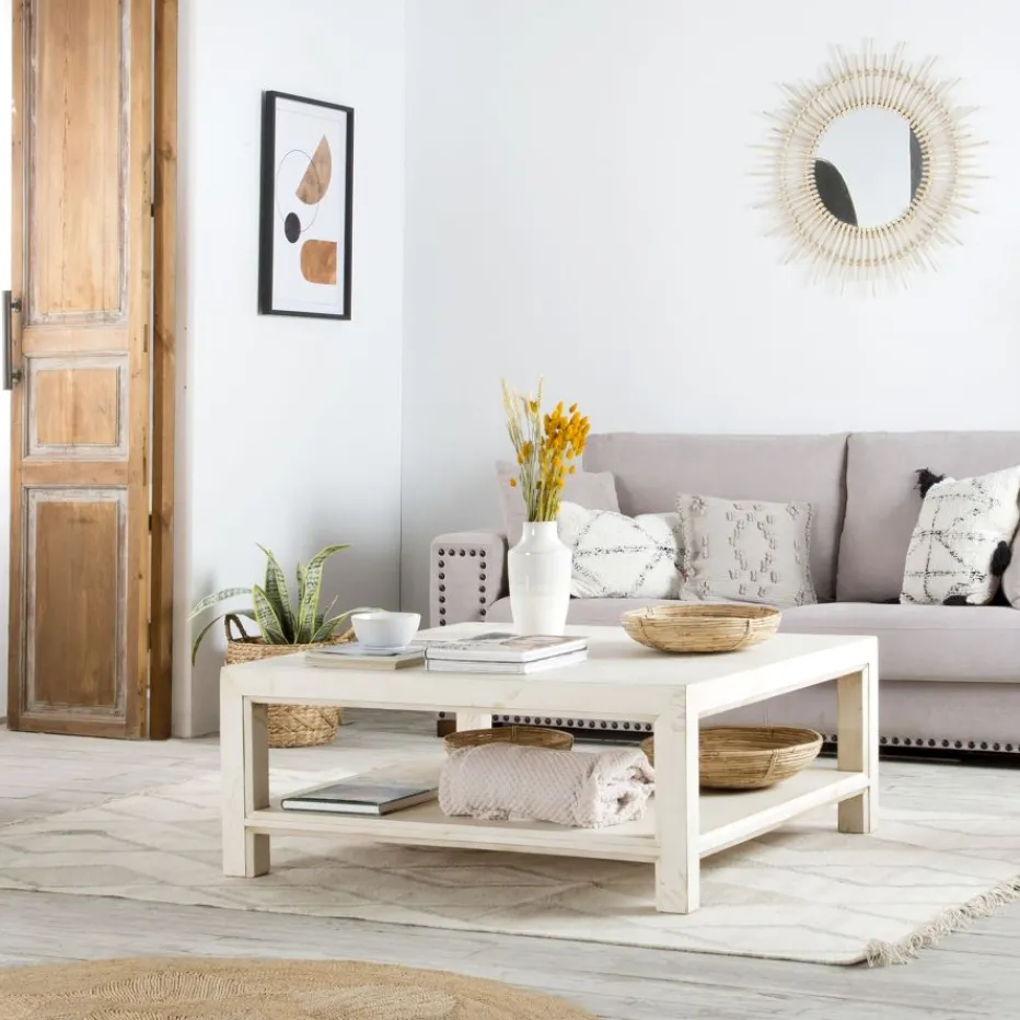Soho Table basse en bois massif carrée en blanc décapé^Banak Sale