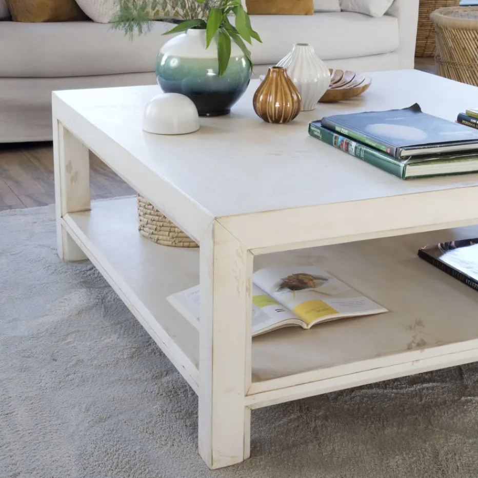 Soho Table basse en bois massif carrée en blanc décapé^Banak Sale